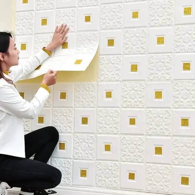 VKR Waterproof PE Foam 3D Wall Panels Wallpaper Sticker for Living Room, Bathroom and Home Hotel Cafe Decoration (White Gold 70X70 CM)