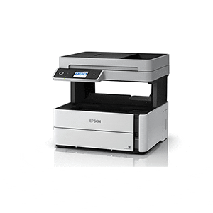 epson-ecotank-m3170 Monochrome all-in-one ink tank printer with print, scan, copy, and fax capabilities, featuring Wi-Fi connectivity, automatic duplex printing, and a 35-sheet automatic document feeder.