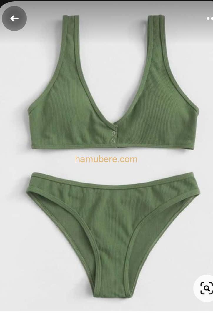 Button Plain Bikini Set