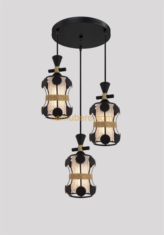LEDIARY 3-Light Industrial Pendant Lights, 47 inch Adjustable Cord Pendant Lighting with Amber Glass Shade