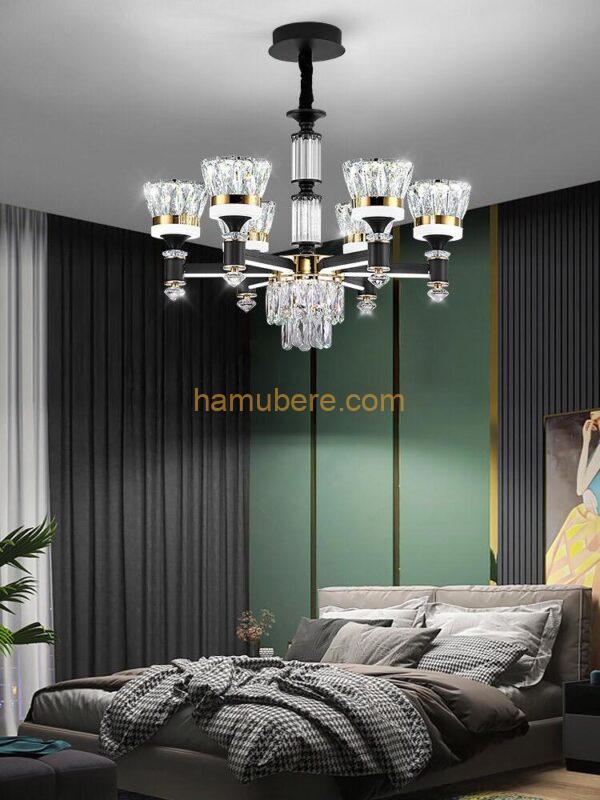 Modern Crystal Chandelier 6/8-Light Black Pendant Light Fixtures with Crystal Shade, Height Adjustable Hanging Lamps, Metal Iron Crystal Pendant Lamp for Living Room Dinning Room Home Lighting