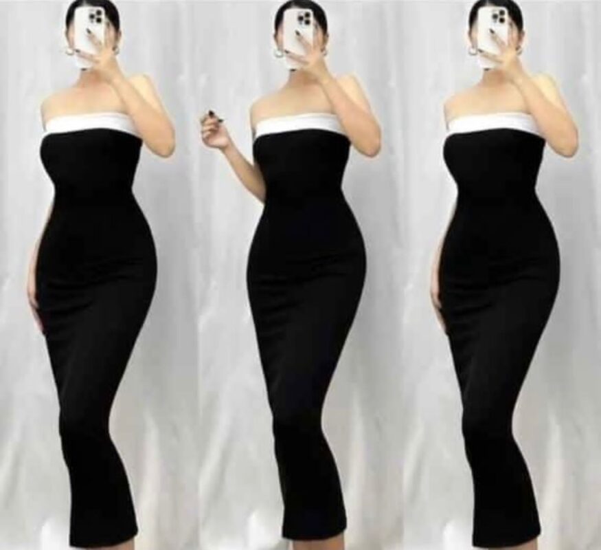 Women’s 2024 Black Long Dress Colorblock Ruffle Hem Strapless Dress