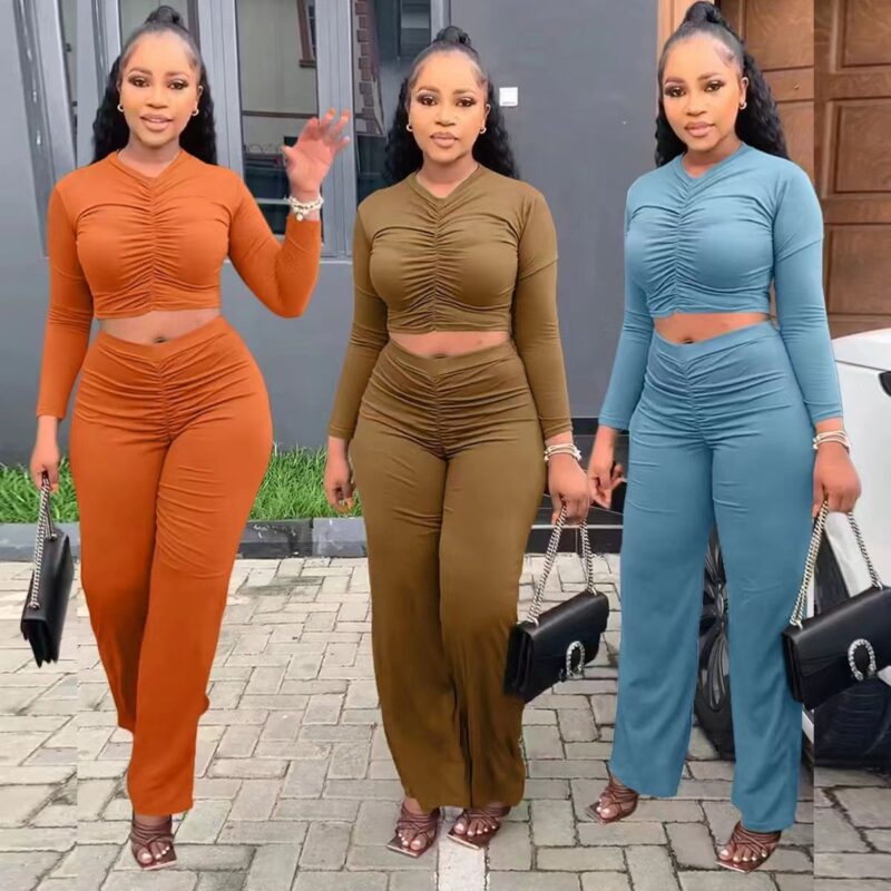 Fall casual 2 piece stacked pants set with pleated pant and pleated long sleeve crop top