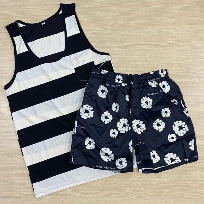 TYANGBlack and white floral print printingMen’s Summer Beach Shorts Lightweight Elastic Waist Drawstring Casual Shorts with vest