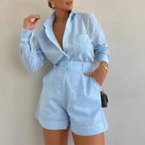 Fashion Women’s Sets Button Pockets Lapel Shirt Short Pant Elegant Long Sleeves 2 Pieces 2024 Vacation Solid Shorts Blouse Sets