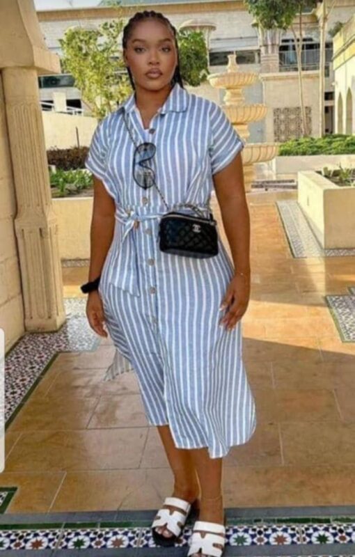 Womens casual summer dresses Midi Stand Collar Drop Shoulder Short Sleeve Waist Tie Shirt Dress