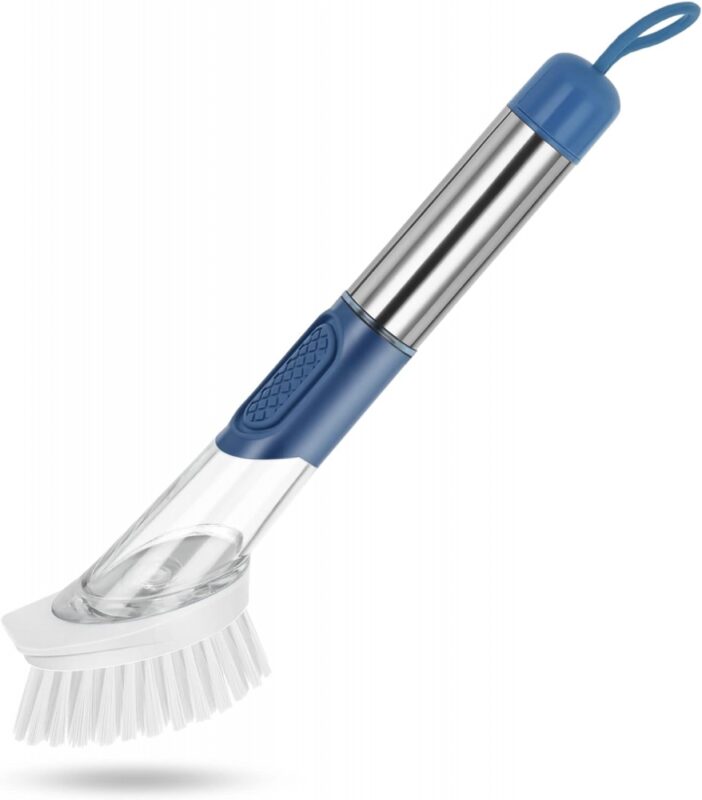 Dish Brush with Soap Dispenser Dish Scrubber with Replaceable PP Head Kitchen Dish Scrub Brush with Stainless Steel Handle Dish Cleaning Brush Dish Wand for Dishes Pots