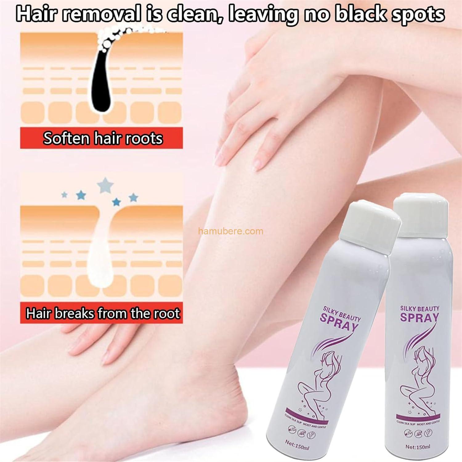 150ml Silky Beauty Spray, Quick and Painless Hair Removal Spray Foam for Legs, Arms, Underarms, Chest, Back, for Men and Women Skin Care Item form	Aerosol Recommended uses for product	Removing hair on legs, arms, underarms, chest, and back Skin type	All B