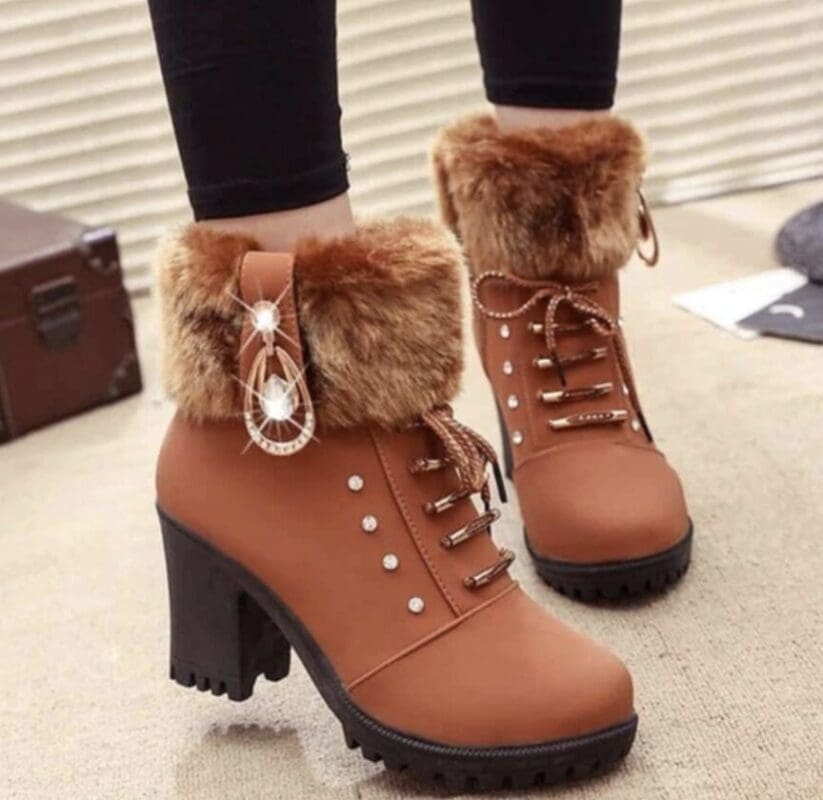 Lucyever Faux Fur High Heels Ankle Boots Women 2022 Winter Metal Lace Up Short Booties Woman Fashion Thick Heeled Botas Mujer