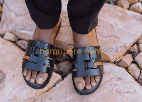 Black croc leather flat slipper