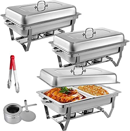 Mophorn Chafing Dish Pack of 3, 9 Quart Stainless Steel Chafer Complete Set, Rectangular Chafers for Catering Buffet Warmer Set with Folding Frame
