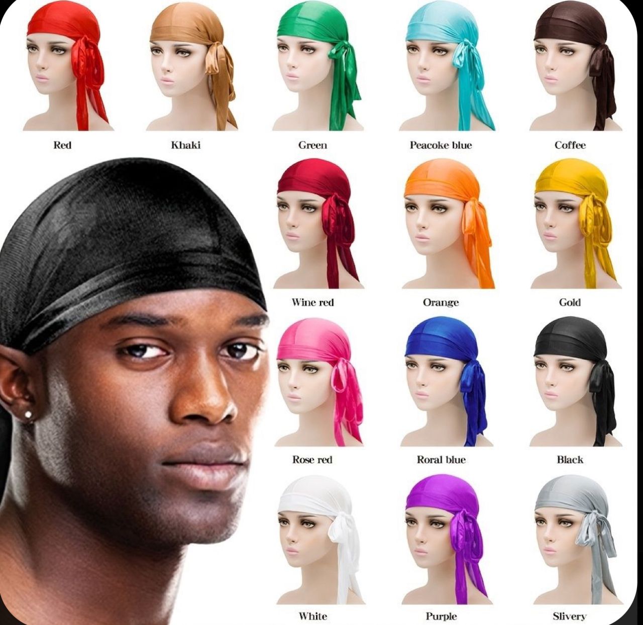 4PCS Silk Durag for Men, Breathable Wave Caps for Black Men, Soft Satin Durag Headwraps with Long Tail and Wide Straps, Sleeping Cap Waves Smooth as Silk (4 Colors)