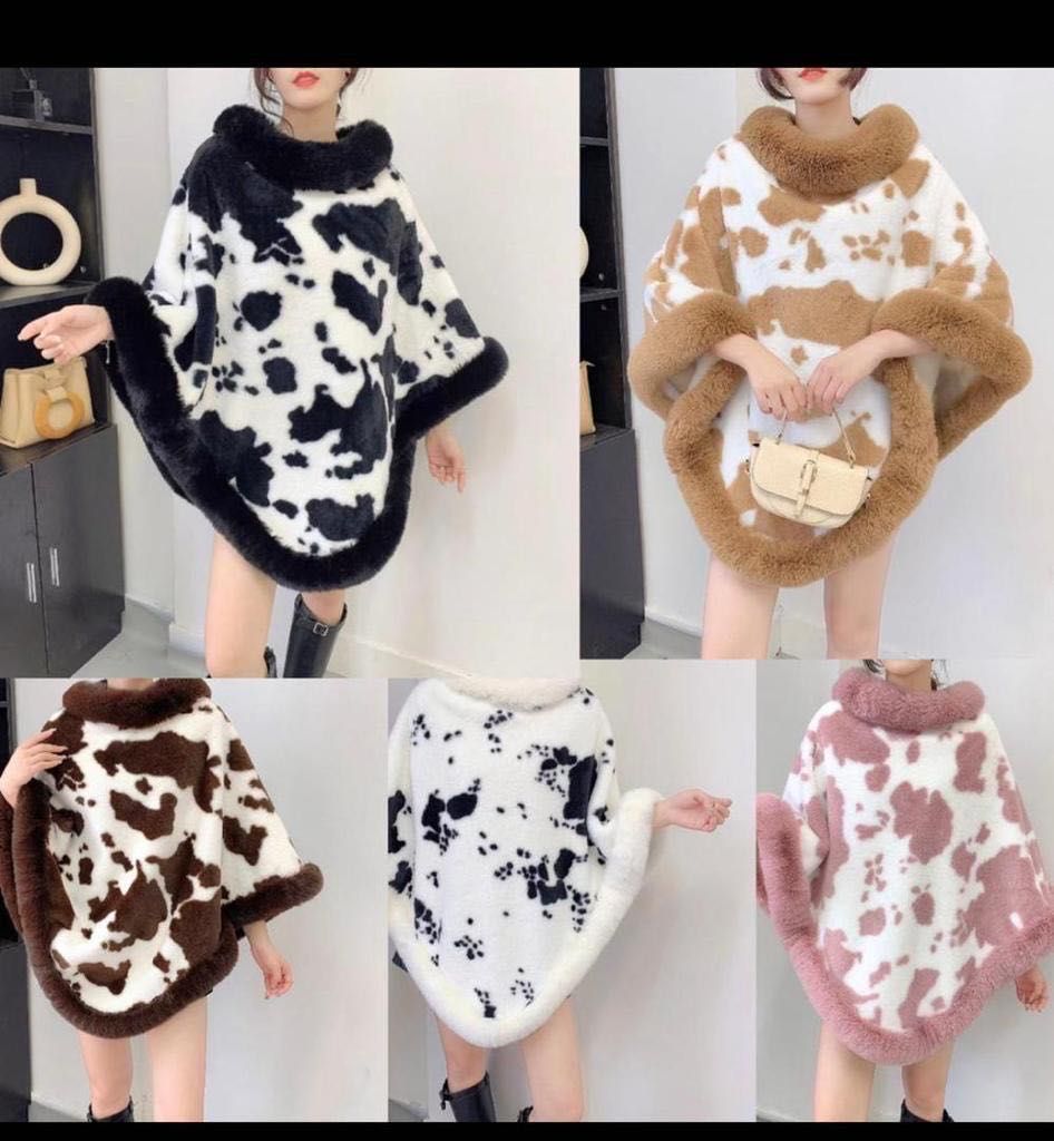 Women Winter Loose Streetwear Cow Printed Lining fleece Poncho Capes Warm O Neck Fur Pullover Shawl Coat