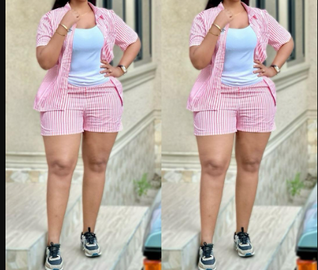 Plus Size Cotton Linen 2-Piece Set – High-Low Shirt & Drawstring Shorts