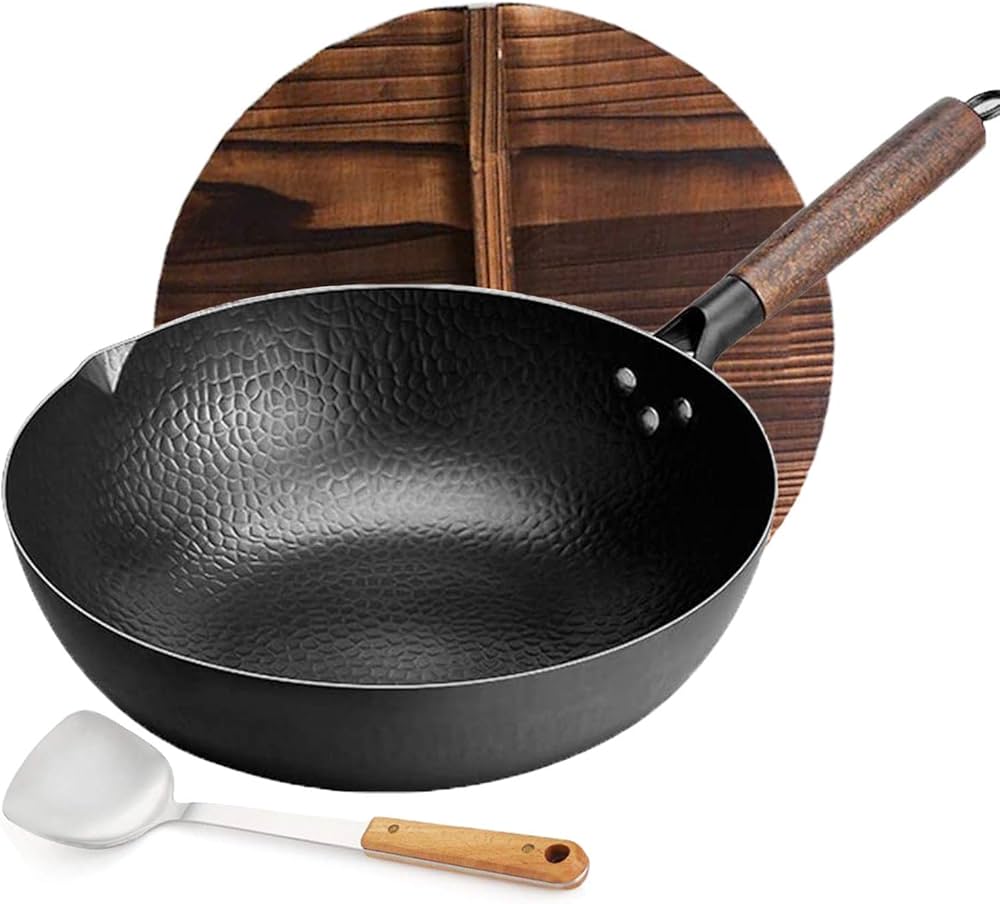 Modern Cast Iron Frying Pan Traditional Hand Hammered Forge Wooden Handle Non Stick Pan Poele Cuisine Kitchen Dining Bar Ec50pd