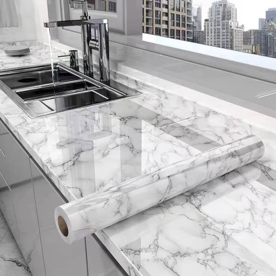 Glossy White Marble Self-Adhesive Wallpaper Contact Paper (60cm x 5 Meters)