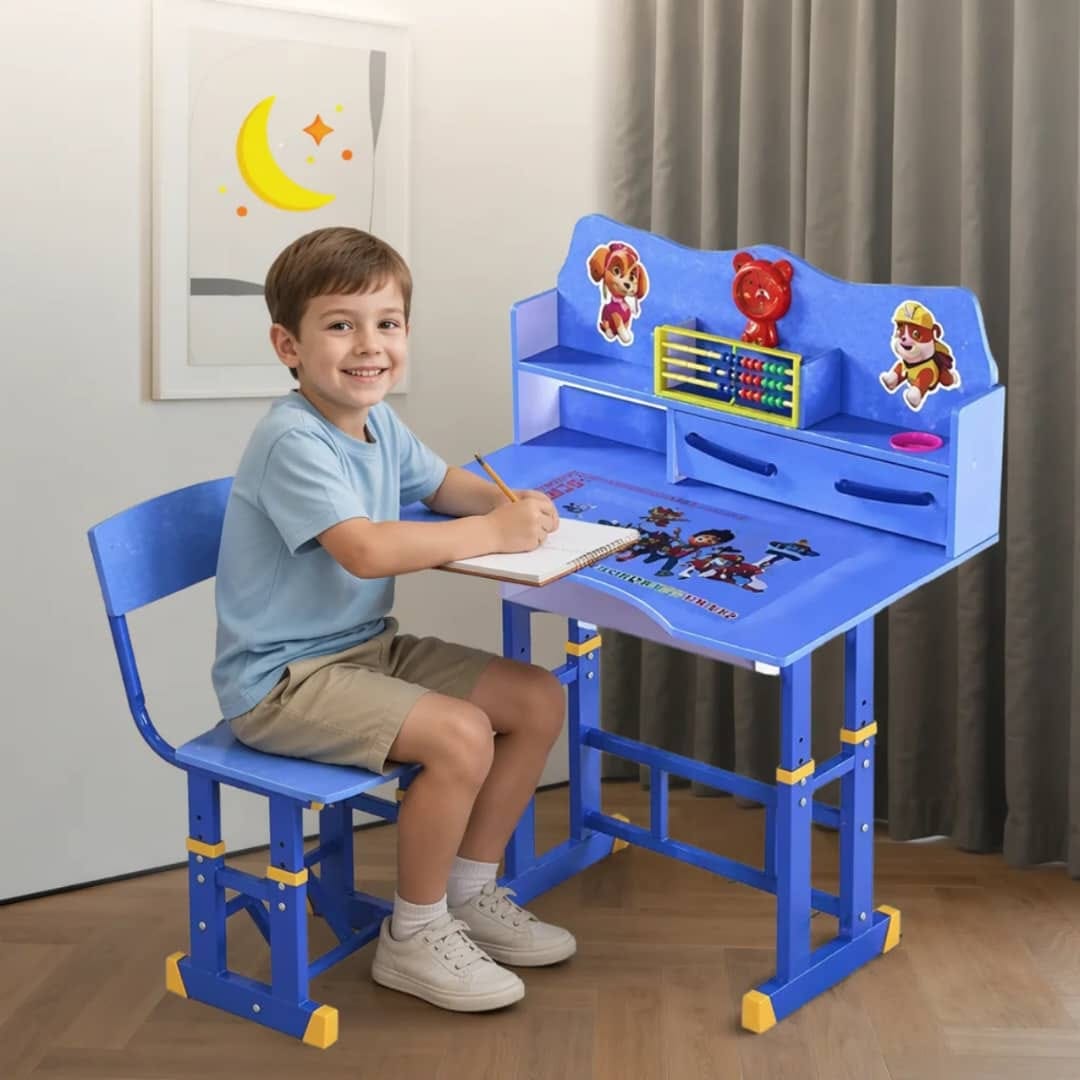Adjustable Kids Study Desk and Chair Set – Ergonomic Children's Learning Table with Bookshelf, Storage Drawers, and Built-in Abacus