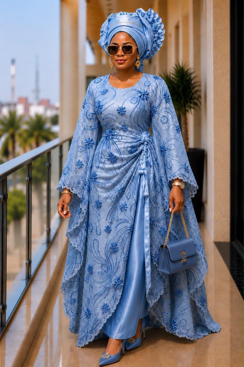 Floral Embroidered Mesh Cinch-Wrap Boubou Gown-all colours-free size