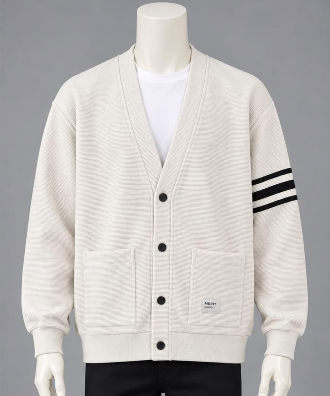 Ribbed Stripe-Sleeve Varsity Cardigan