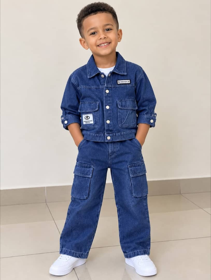 Boys Flap Pocket Button Up Denim Jacket & Cargo Jeans Se